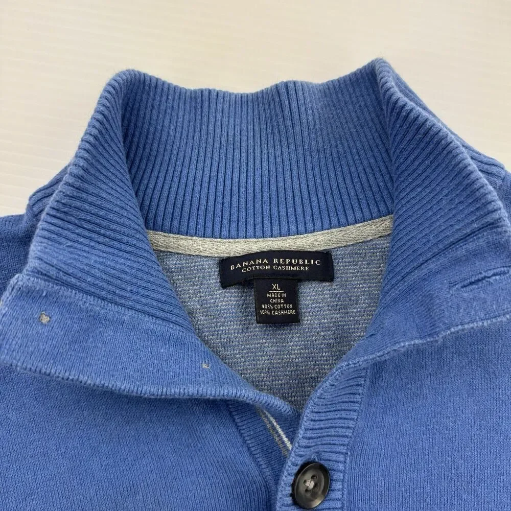 Banana Republic Men’s XL Blue Cotton Cashmere Mock Neck Button Preppy Sweater